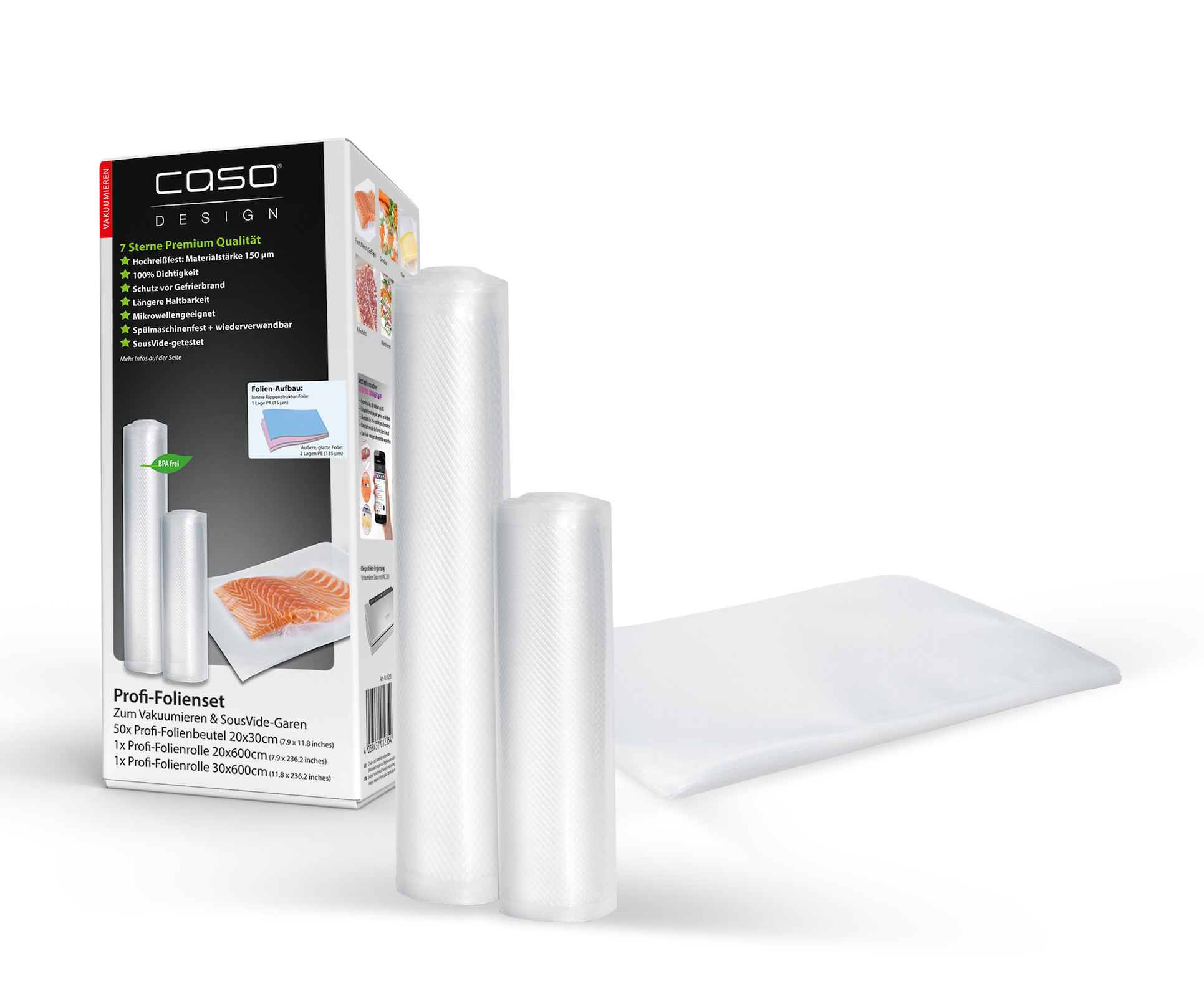 Caso Design Profi-Folienset, 50 Folienbeutel, 2 Folienrollen für Vakuumiersysteme und Sous Vide Caso Design Profi-Folienset, 50 Folienbeutel, 2 Folienrollen für Vakuumiersysteme und Sous Vide