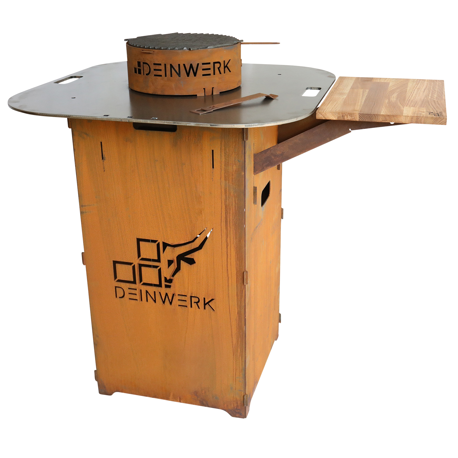 DEINWERK Steckfass Steckbares Grillfass aus Corten mit Feuerplatte, Wokaufsatz und Anstecktisch DEINWERK Steckfass Steckbares Grillfass aus Corten mit Feuerplatte, Wokaufsatz und Anstecktisch