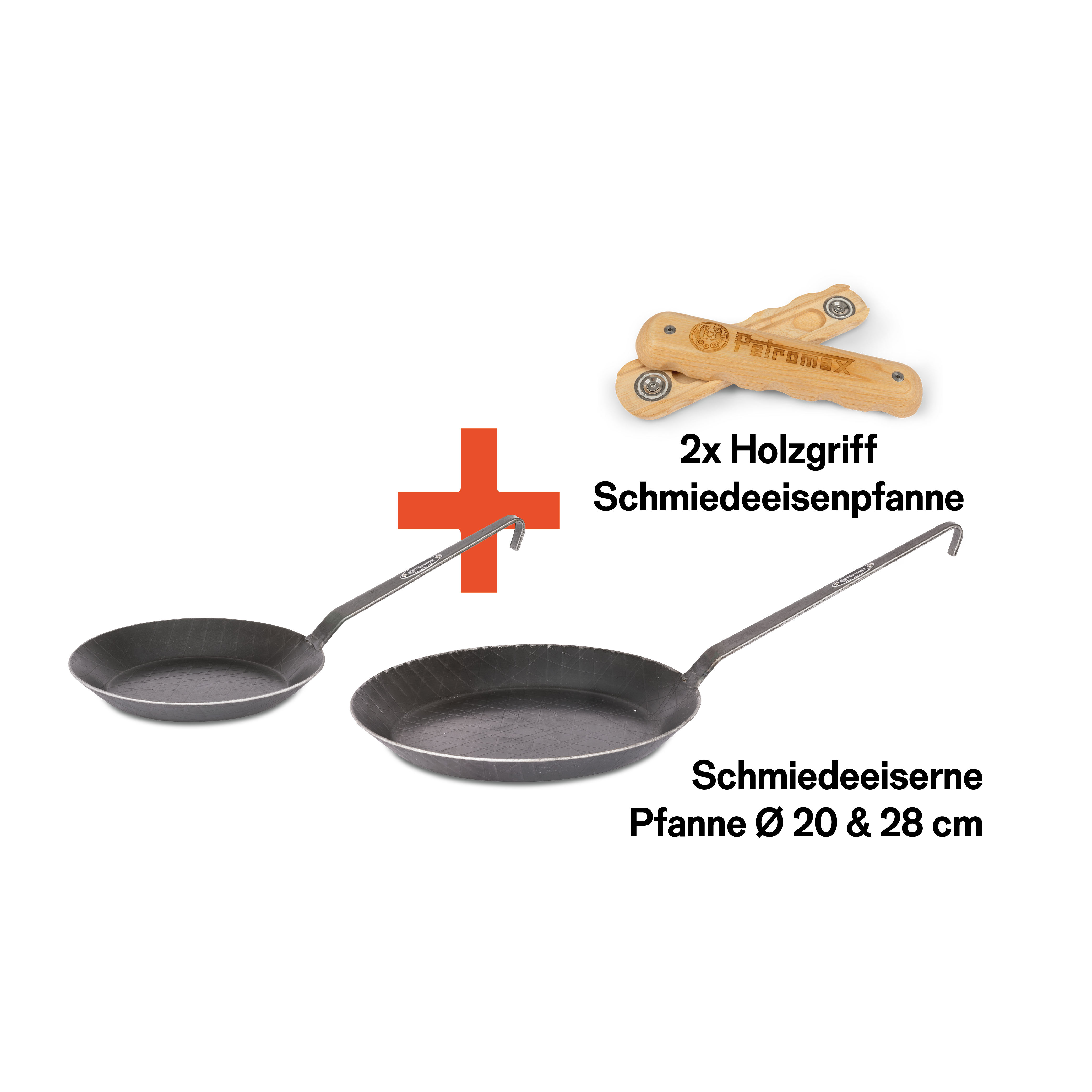 Petromax Pfannen-Set Schmiedeeisen Pfanne SP20 + SP28 + 2x Holzgriff HANDLE-SP-W
