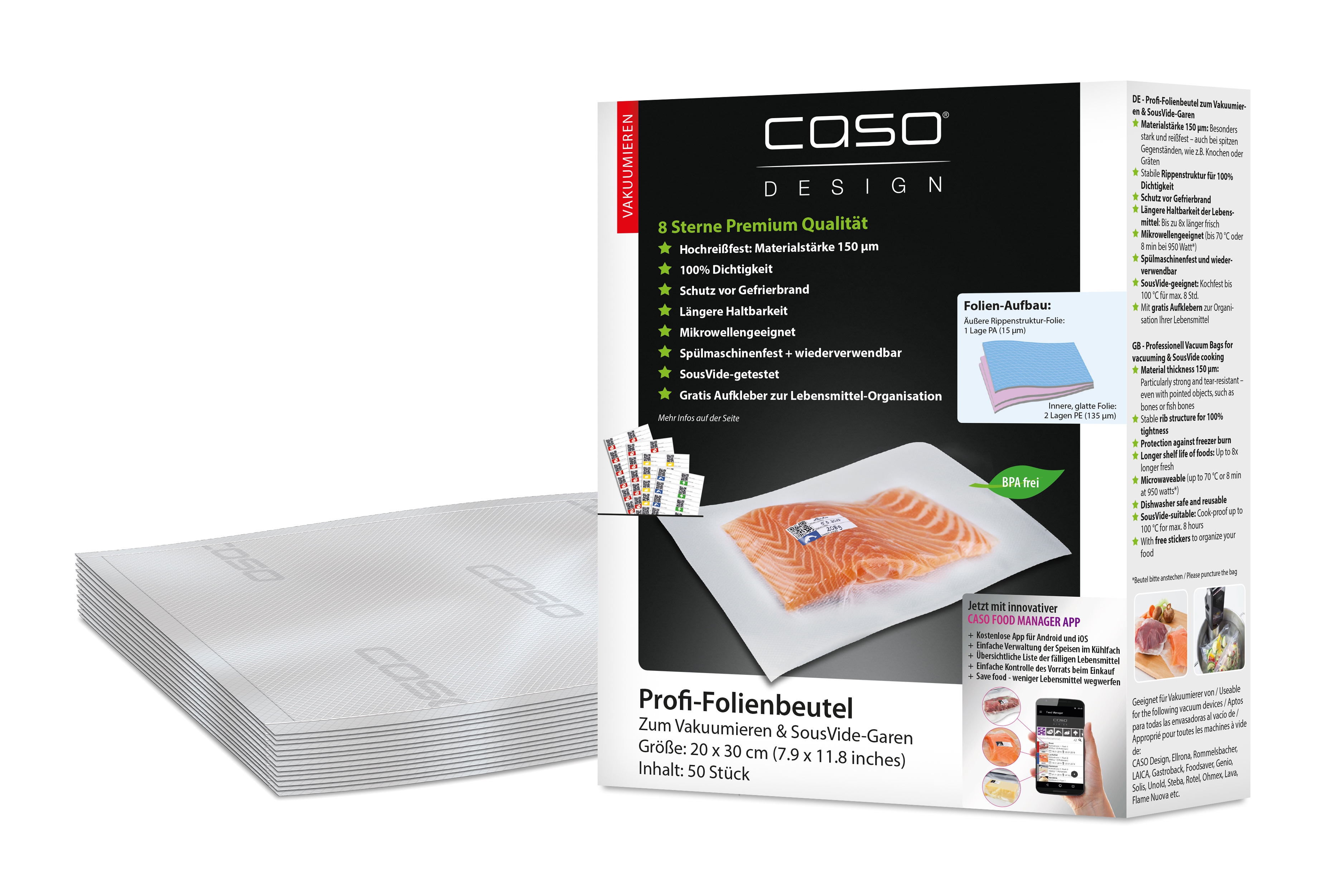 Caso Design Profi-Folienbeutel 20 x 30 cm 50 Stück für Vakuumiersysteme und Sous Vide Caso Design Profi-Folienbeutel 20 x 30 cm 50 Stück für Vakuumiersysteme und Sous Vide