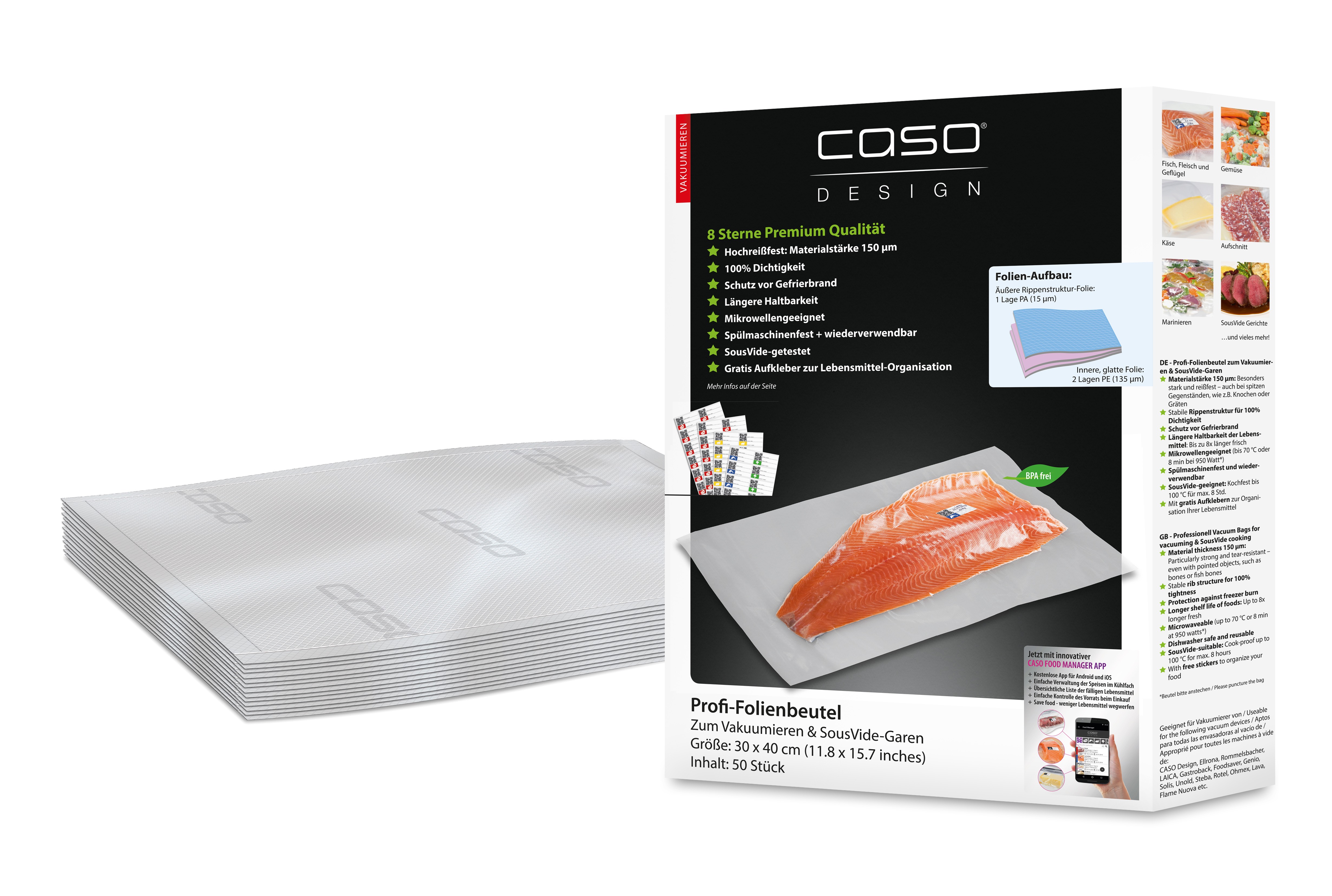 Caso Design Profi-Folienbeutel 30 x 40 cm 50 Stück für Vakuumiersysteme und Sous Vide Caso Design Profi-Folienbeutel 30 x 40 cm 50 Stück für Vakuumiersysteme und Sous Vide
