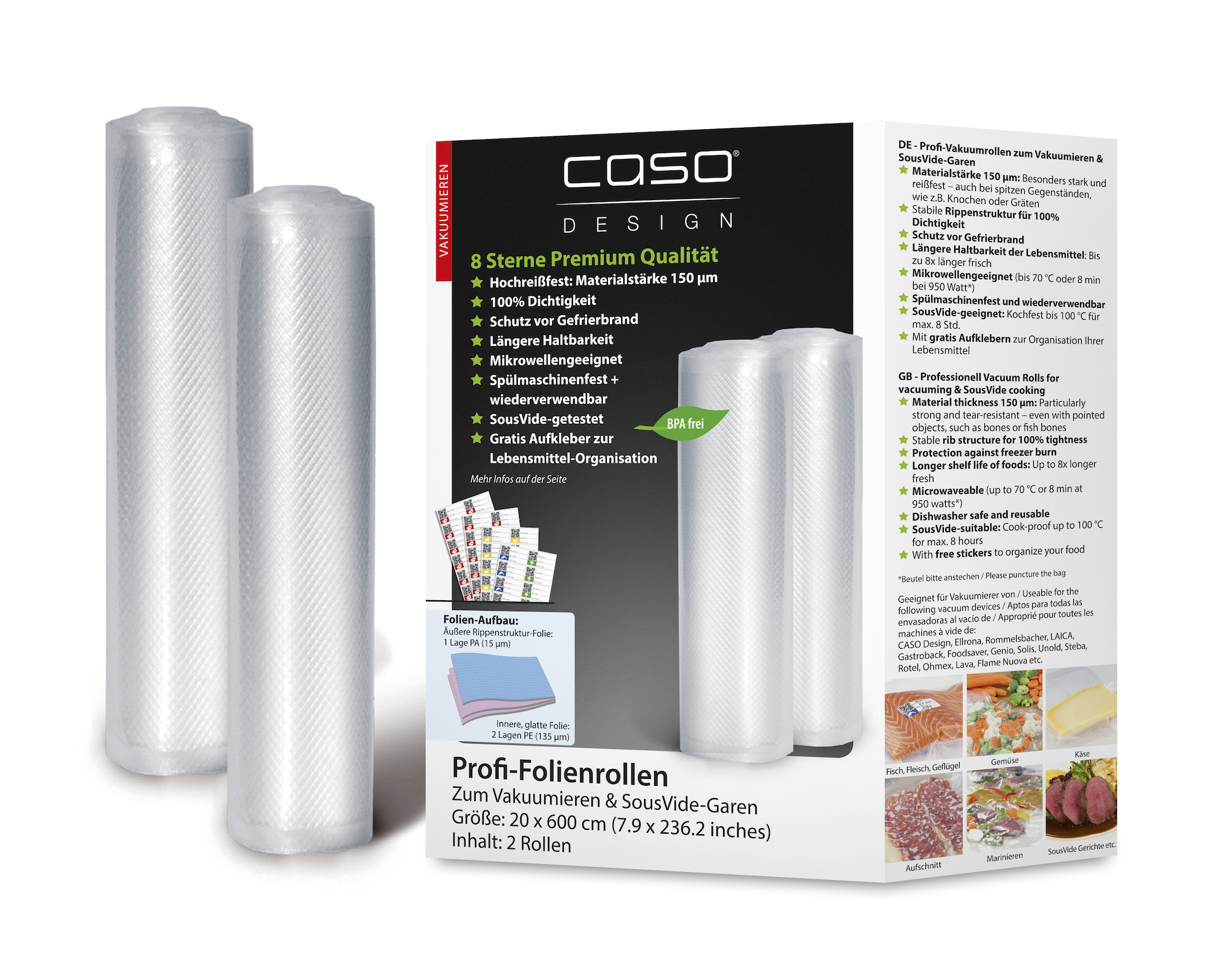 Caso Design Profi-Folienrollen 20 x 600 cm 2 Stück für Vakuumiersysteme und Sous Vide Caso Design Profi-Folienrollen 20 x 600 cm 2 Stück für Vakuumiersysteme und Sous Vide
