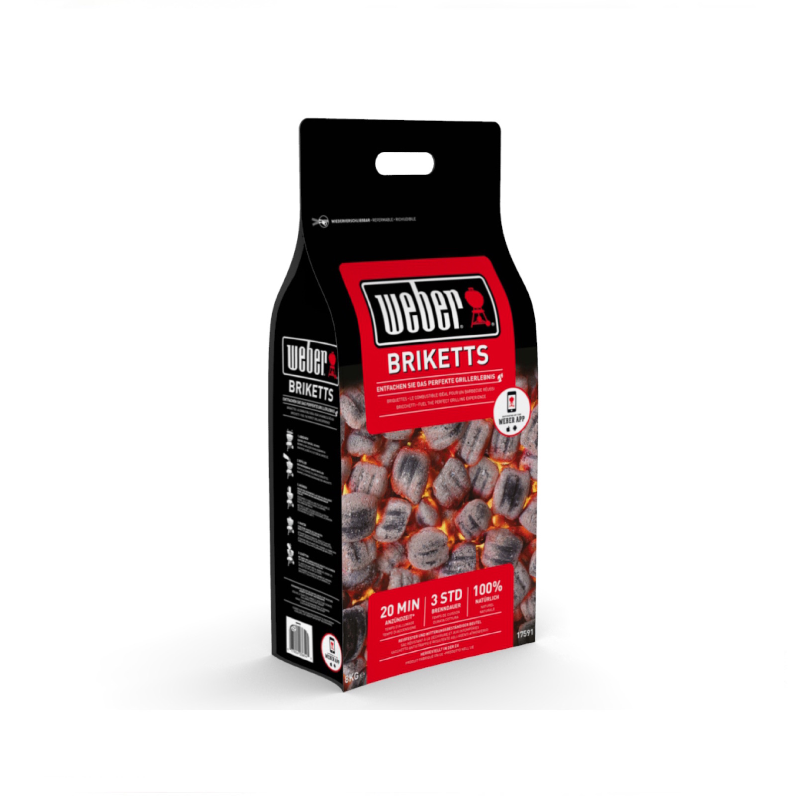 Anzünden und Temperaturentwicklung  Weber Brikett 8 kg