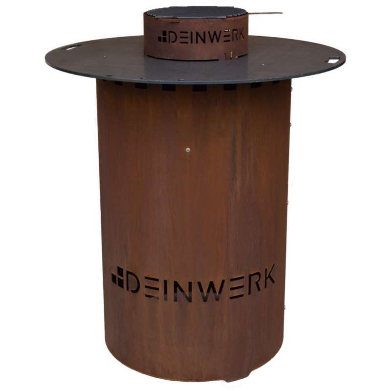 Grillfass-Set Grilltonne aus Corten Ø 90cm mit Plancha, Grillrost und Wok-Aufsatz DEINWERK