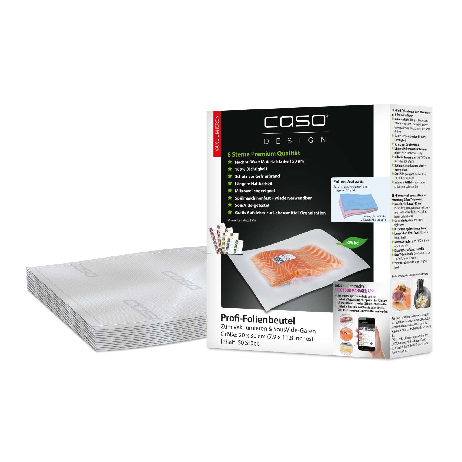 Caso Design Profi-Folienbeutel 20 x 30 cm 50 Stück für Vakuumiersysteme und Sous Vide