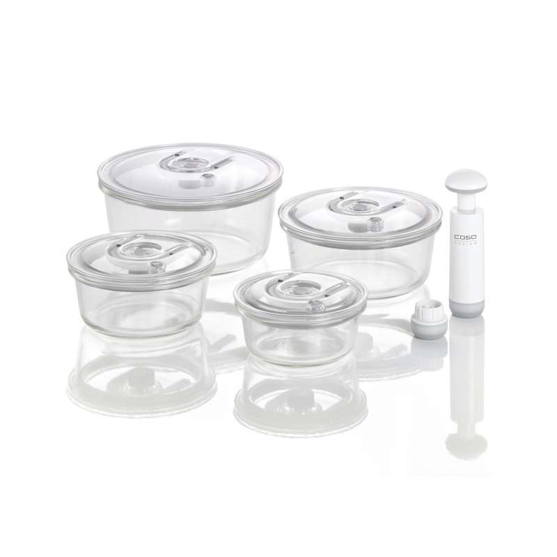 Caso VacuBoxx R 4er Set rund Glas Design Vakuumbehälter inklusive Handpumpe mikrowellengeeignet