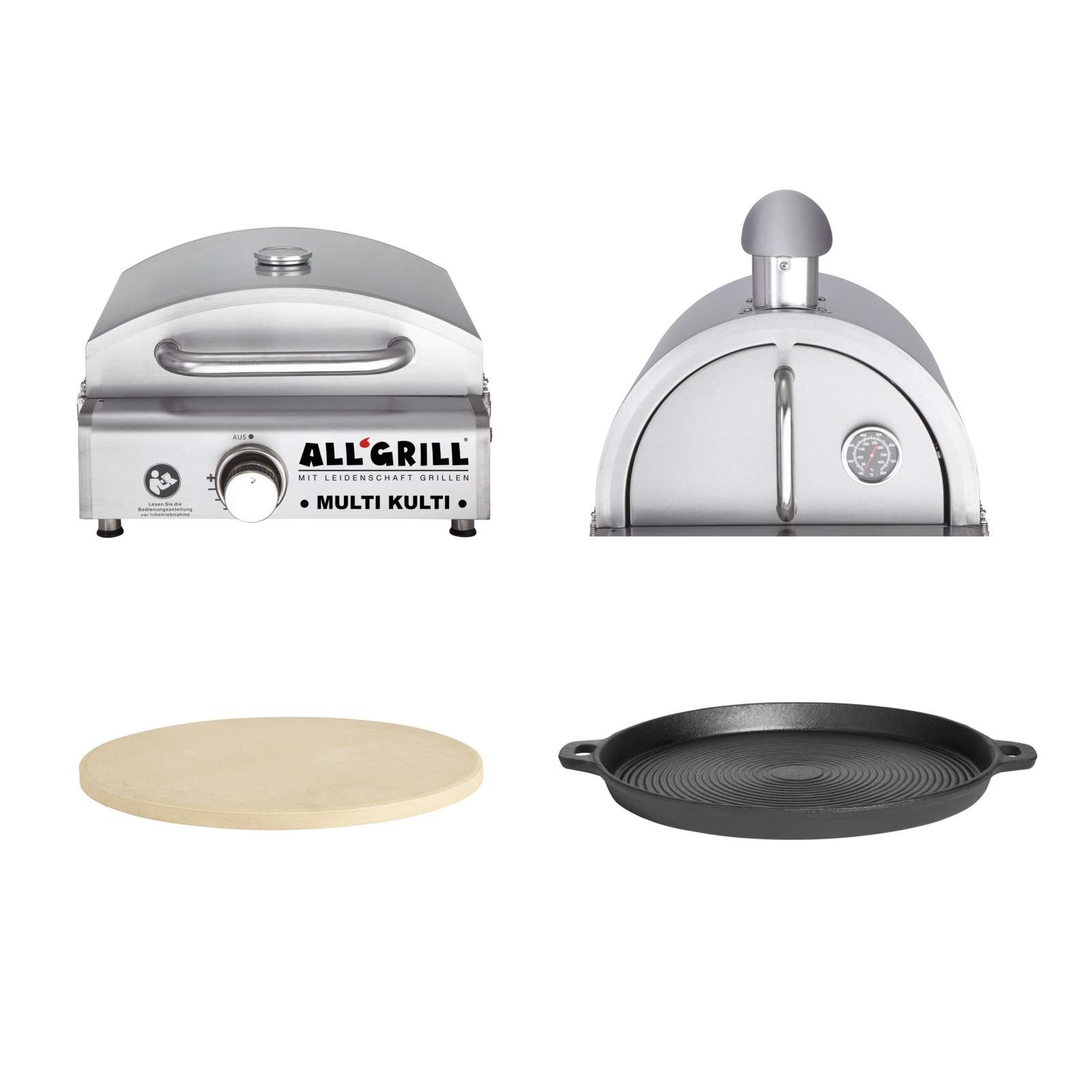 Allgrill MULTI-KULTI Set 4 zündgesichert - Gasgrill + Pizzahaube + Pizzastein + Gusspfanne