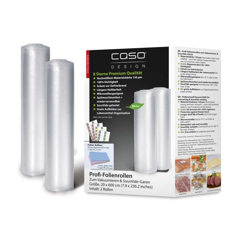 Caso Design Profi-Folienrollen 20 x 600 cm 2 Stück für Vakuumiersysteme und Sous Vide