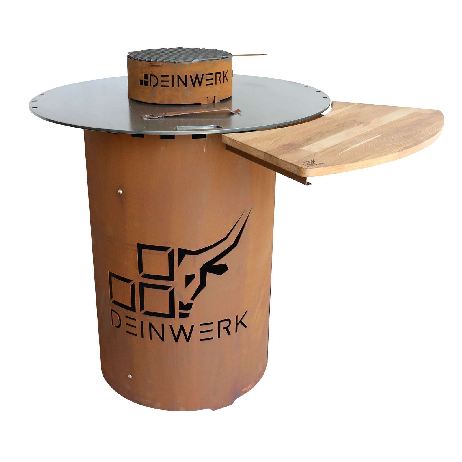 DEINWERK Grillfass-Set Grilltonne aus Corten mit Plancha, Grillrost, Wok-Aufsatz und Anstecktisch