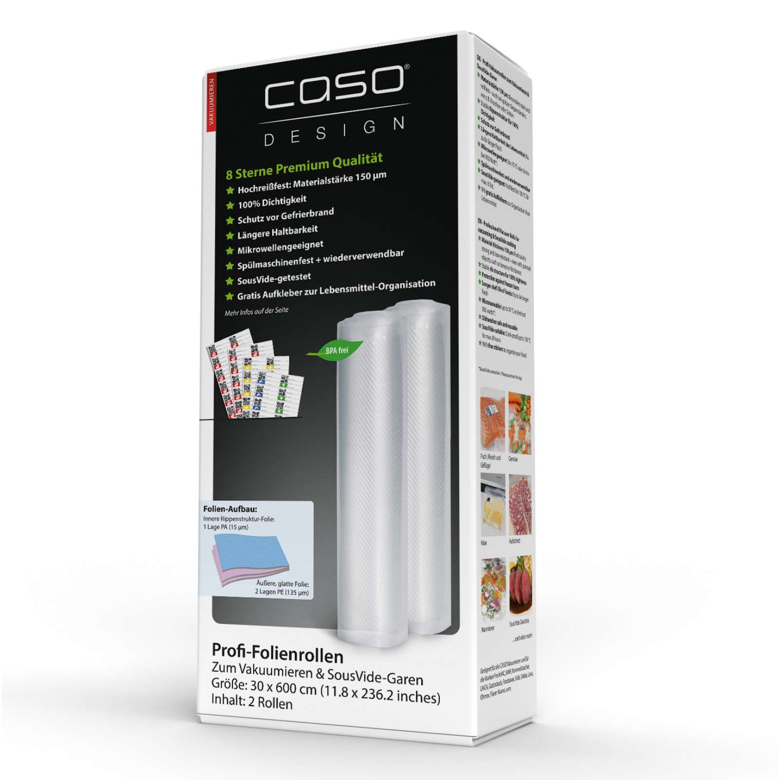 Caso Design Profi-Folienrollen 30 x 600 cm 2 Stück für Vakuumiersysteme und Sous Vide