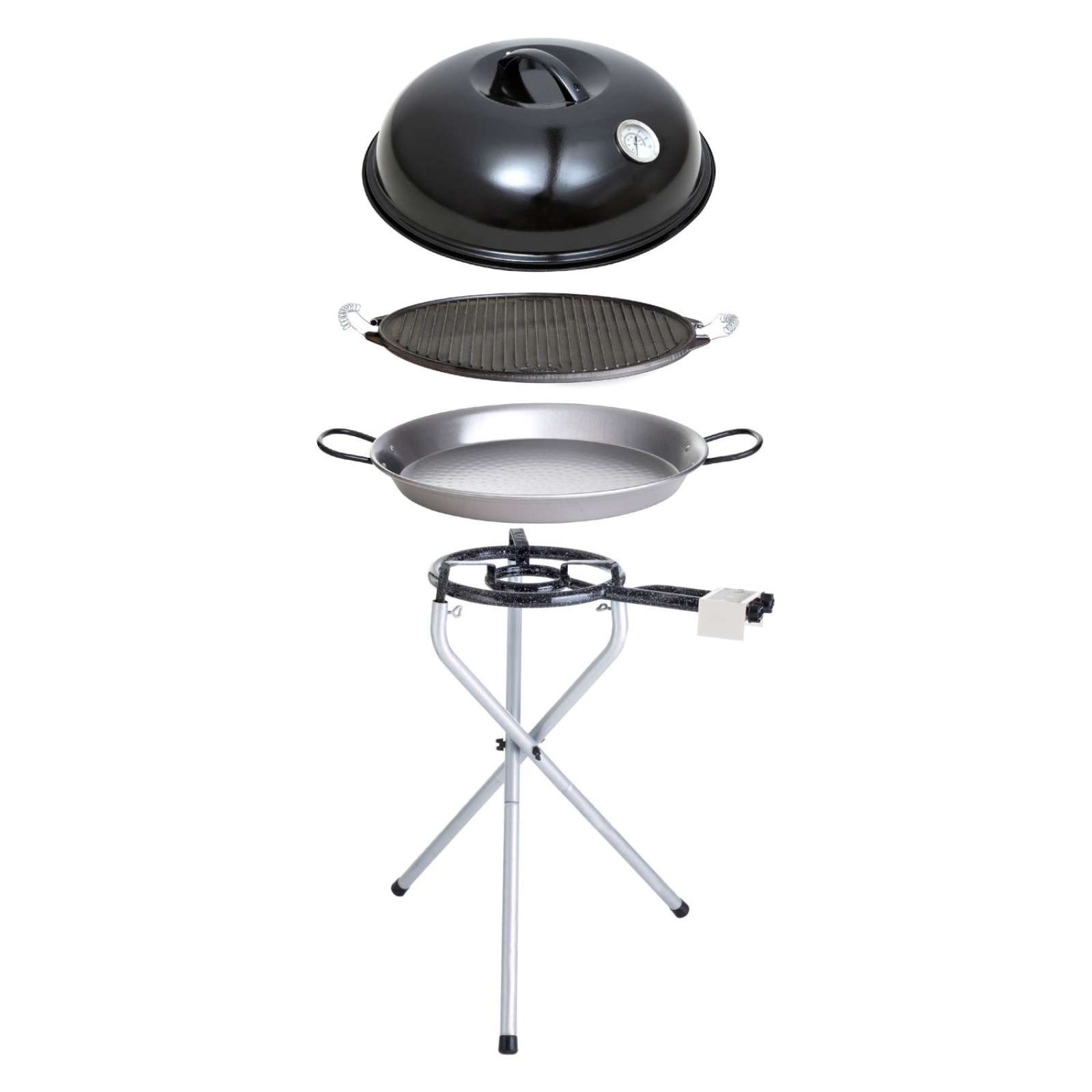 Paella World Portable Set 1 mit Brenner, Paella-Pfanne, Grillplatte und Deckel Ø 30/42 cm