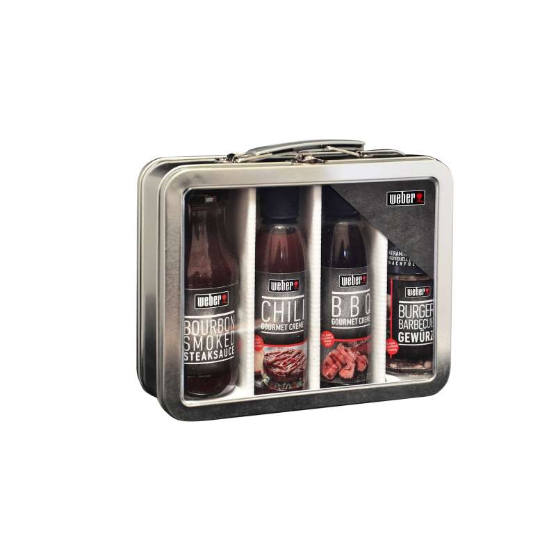Weber Geschenkkoffer silber Geschenkeset Grillsauce Gourmet Creme Gewürzmühle