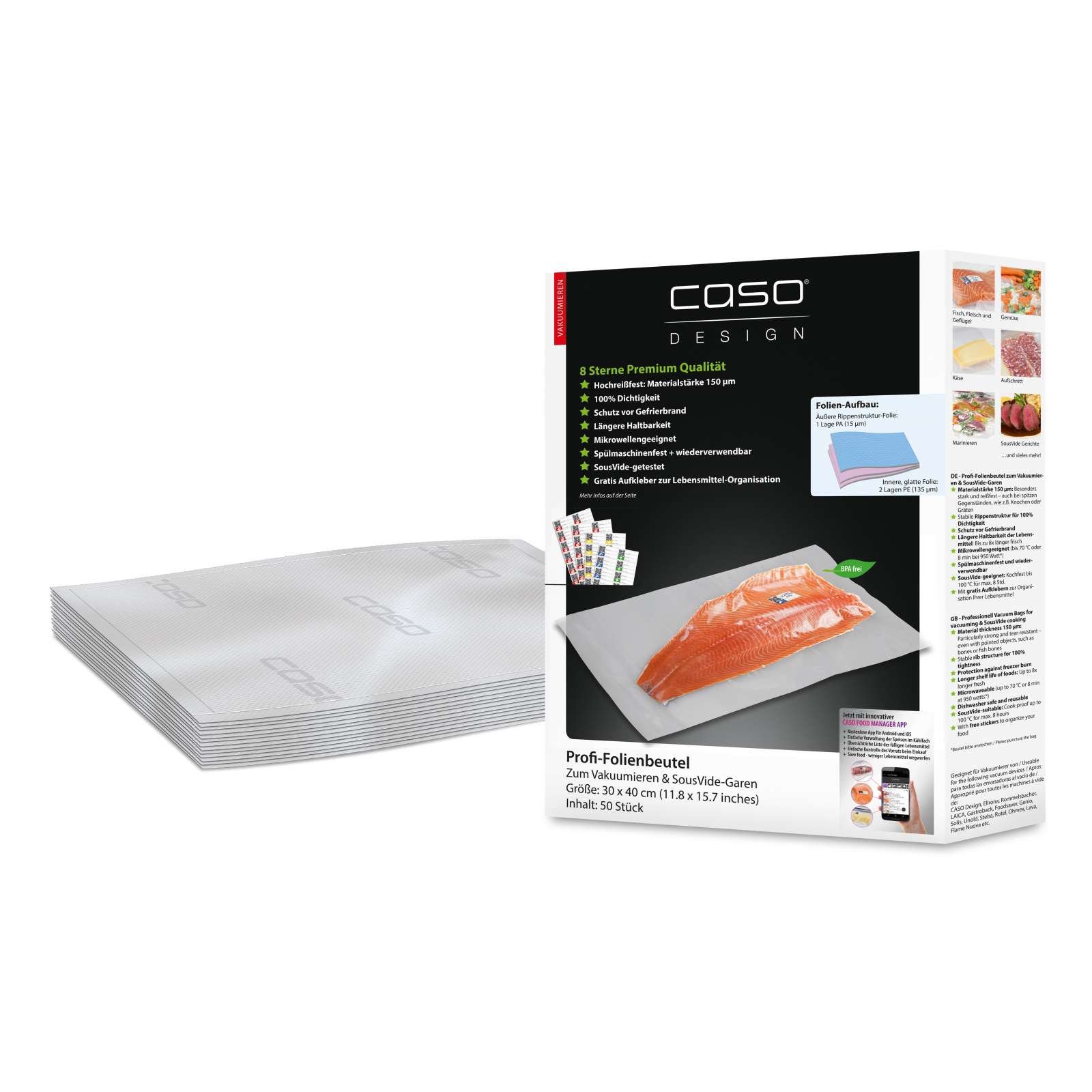 Caso Design Profi-Folienbeutel 30 x 40 cm 50 Stück für Vakuumiersysteme und Sous Vide