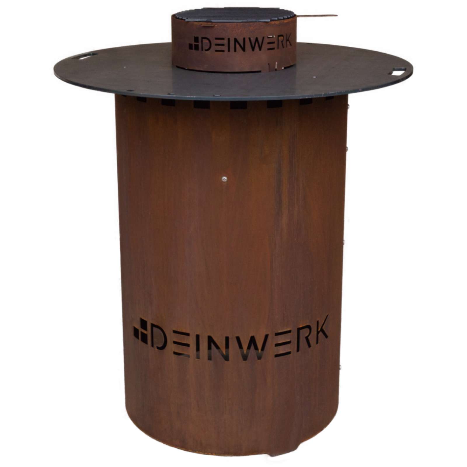 DEINWERK Grillfass-Set Grilltonne aus Corten Ø 90cm mit Plancha, Grillrost und Wok-Aufsatz